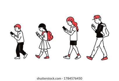 Cartoon children walking in line looking at smartphone screen - little school kids with backpacks holding phones isolated on white background. Flat vector illustration.