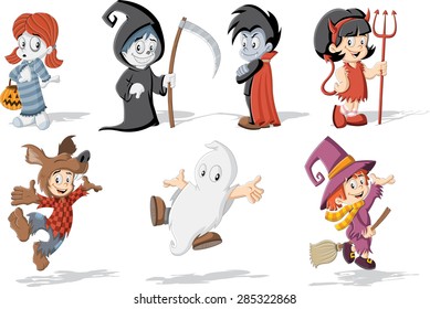 Niños de dibujos animados con disfraces de personajes monstruosos clásicos de Halloween