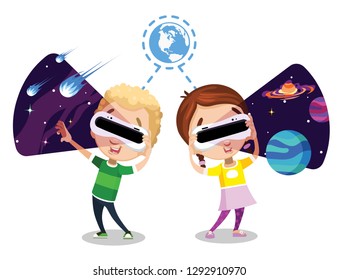 Cartoon children wearing glasses with virtual reality. Kids enjoying different galaxy views vector illustration. Technology childhood and innovation concept. Isolated on white