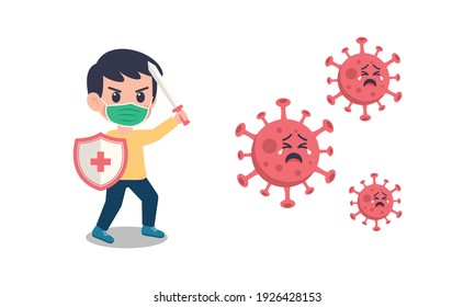 Cartoon children wearing mask fighting the corona virus. Flat cartoon style suitable for web landing page, banner, flyer, sticker, card, children books and etc.