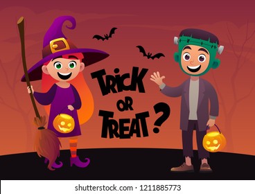 Cartoon children witch and monster costume trick or treat background vector