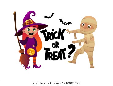 Cartoon children witch and mummy costume trick or treat background vector