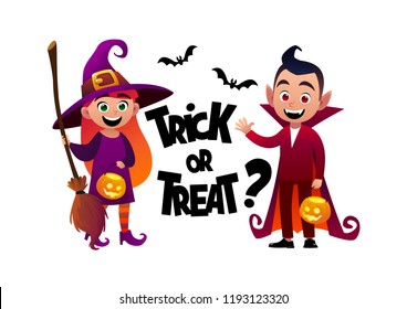 Cartoon children witch and vampire costume trick or treat background vector