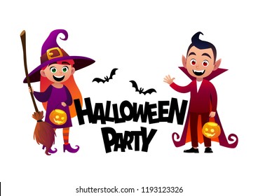 Cartoon children witch and vampire costume Halloween Party background vector