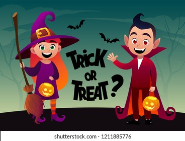Cartoon children witch and vampire costume trick or treat background vector