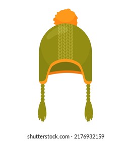 Cartoon childrens autumn or winter green hat with ears. Vector clipart for autumn or winter design.