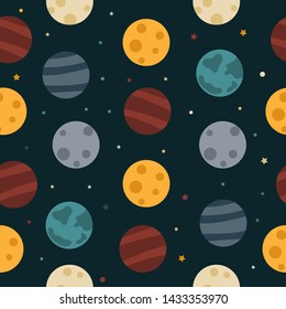  Cartoon childrens background. Seamless pattern with stars and planets. Colorful planets on dark background.