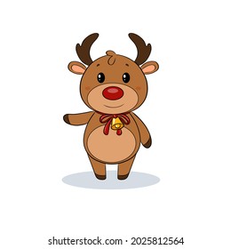 A cartoon children's character. Santa Claus ' Christmas reindeer. An elk deer sled with a red nose horns and hooves a bell and a red bow. He waves his paw merrily. A symbol of the new year. Vector