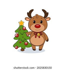 A cartoon children's character.Santa Claus ' Christmas reindeer.An elk deer sled with a red nose, a red ribbon and a bell, a green Christmas tree with balls and a star.Winter holiday.New Year Symbol 