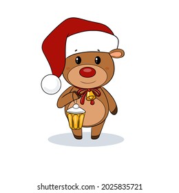 A cartoon children's character.Santa Claus ' Christmas reindeer.An elk deer sled with a red nose horns a red ribbon and a bell santa hat with a pampon and a lamp.Winter holiday.New Year Symbol Vector