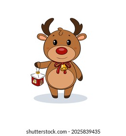 A cartoon children's character.Santa Claus ' Christmas reindeer.Elk deer sled with red nose horns red ribbon and bell Christmas tree toy decoration house.Winter holiday.New Year Symbol Vector