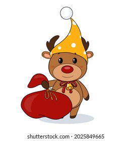 Ein Cartoon-Kinderchartoon.Weihnachtsrentiere.Ein Elkrinder mit rotem Nasenband und einer Glocke roter Weihnachtssack mit Geschenken und einem Elfin-Hut.Winterurlaub.Neujahr Symbol Vektorsymbol