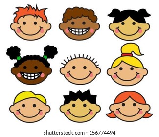 Cartoon children's faces different nationalities on a white background