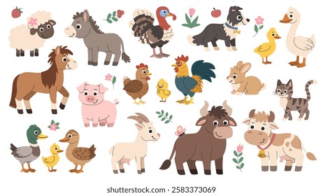 Cartoon children's farm animals set. Cute village pets, small and large cattle, poultry, cat, dog and other animals. White background.