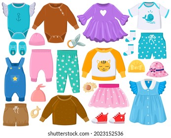 Cartoon childrens fashion outfits clothes, shoes, hats. Baby clothes elements, pants, dress, romper, panama vector illustration set. Little girls and boys clothes, sneakers and toys elements