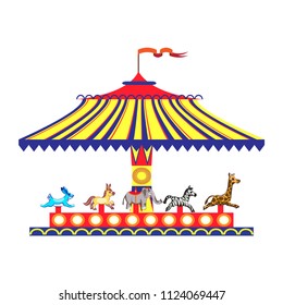 Cartoon children's fun colorful carousel with horses. Children playing a traditional carousel isolate on a white background.