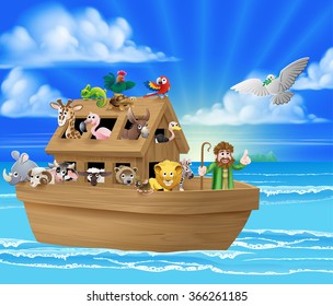 Cartoon Childrens Illustration Of The Christian Bible Story Of Noah And His Ark With The White Dove Returning With The Olive Branch From Emerging Land In The Distance
