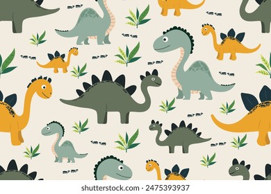 Patrón de dibujos animados para niños con dinosaurios sobre fondo aislado beige. Lindos dinosaurios animales de Vector en estilo plano. Para el diseño de los niños, estampados, personajes de dibujos animados.