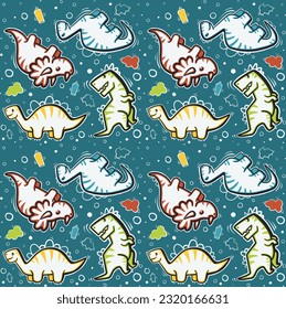 Cartoon children's pattern with dinosaurs tyrannosaurus rex, stegosaurus, triceratops.