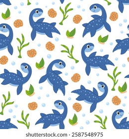 Cartoon children's pattern with underwater dinosaurs, shells and seaweed. Seamless pattern.