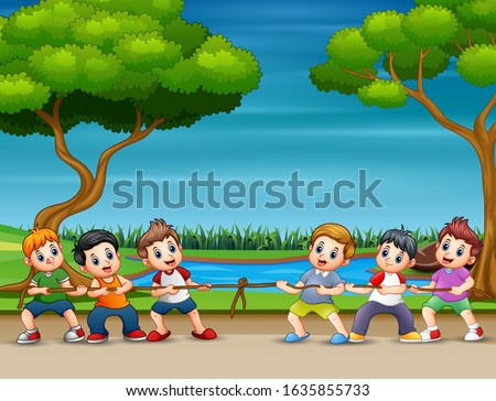Cartoon childrens playing tug of war in the park