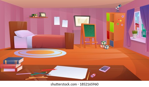 Cartoon children's room. Children's playroom with furniture. Modern bedroom furniture. Flat design teenager room, table, board, toys. Vector illustration