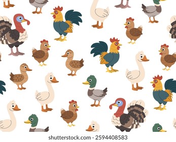 Cartoon children's seamless pattern domestic birds - chicken and rooster, turkey, goose, duck and drake. Cute birds living on the farm.