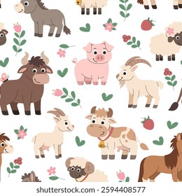 Cartoon children's seamless pattern farm animals. Cows, goats, sheep and other domestic village animals seamless background.