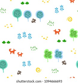 Cartoon children's seamless pattern with forest theme. Cool bright ornament is great for prints, textiles, covers, gift wrappers, backdrops. Vector illustration.