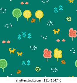 Cartoon children's seamless pattern with forest theme. Cool bright ornament is great for prints, textiles, covers, gift wrappers, backdrops. Vector illustration.