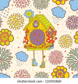 Cartoon children's seamless pattern in vector with clock. Seamless pattern can be used for wallpaper, pattern fills, web page background, surface textures.