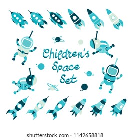 Cartoon Children's Space Set. Blue Rocket, Cosmonaut. Stock Vector Illustration