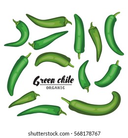 Cartoon chile pepper. Ripe green vegetable. Vegetarian delicious. Eco organic food.  Flat vector design, isolated on white background