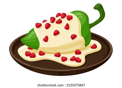 Cartoon Chiles en nogada, Chile Relleno, Poblano chili Mexican food vector illustration. Traditional Mexican Cuisine. Chiles en nogada with sauce isolated on white background.