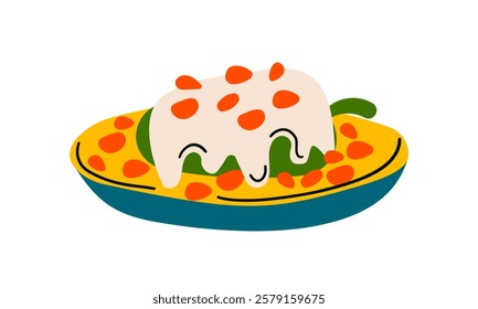 Cartoon Chiles en nogada, Chile Relleno, Poblano chili Mexican food vector illustration. Traditional Mexican Cuisine. Chiles en nogada with sauce isolated on white background.