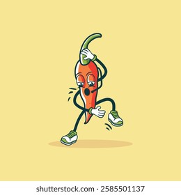 A cartoon chili pepper with arms and legs is running while looking surprised and worried.