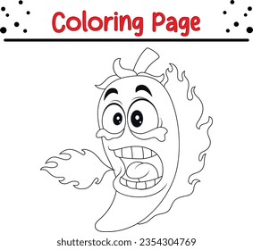 cartoon chili pepper breathing fire coloring page for children  coloring book  vector illustration 
