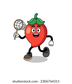 Cartoon of chili pepper catching a butterfly , character design