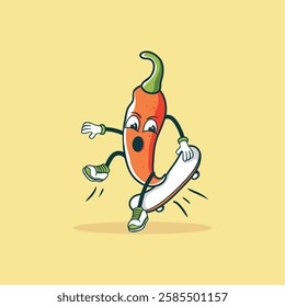 A cartoon chili pepper character is depicted skateboarding with a surprised expression.