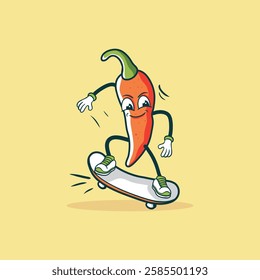 A cartoon chili pepper character enjoys skateboarding with a cheerful expression.