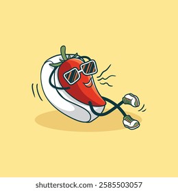 A cartoon chili pepper character enjoys a relaxing summer vacation while wearing sunglasses and lounging on a white inflatable raft.