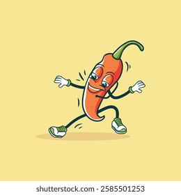 A cartoon chili pepper character joyfully dances wearing sneakers, exhibiting dynamic and playful movement.