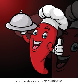 Cartoon chili pepper chef holding platter and giving thumbs up