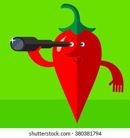 Cartoon chili pepper  find money by spyglass. Flat style vector illustration . Funny cartoon character