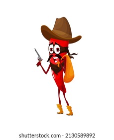 Cartoon Chili Pepper Gangster Or Bandit Character. Vector Wild West Hero, Robber Or Ranger In Cowboy Hat And Mask Carry Money Sack. Western Personage With Gun Robbed The Bank, Healthy Food, Spices