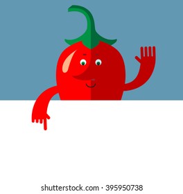 Cartoon chili pepper holding a blank sheet pointing. Flat style vector illustration . Funny cartoon character
