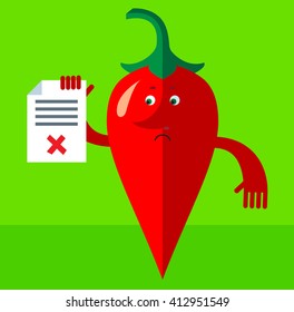 Cartoon chili pepper holding checklist with X sign. Flat style vector illustration . Funny cartoon character