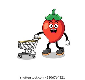 Cartoon of chili pepper holding a shopping trolley , character design