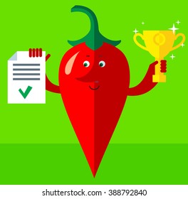 Cartoon chili pepper  holding winning trophy and check list. Flat style vector illustration . Funny cartoon character