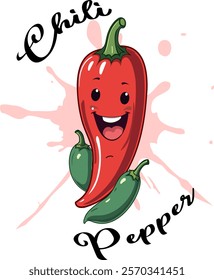 Cartoon chili pepper illustration.Color vector illustration with cartoon red pepper and text.